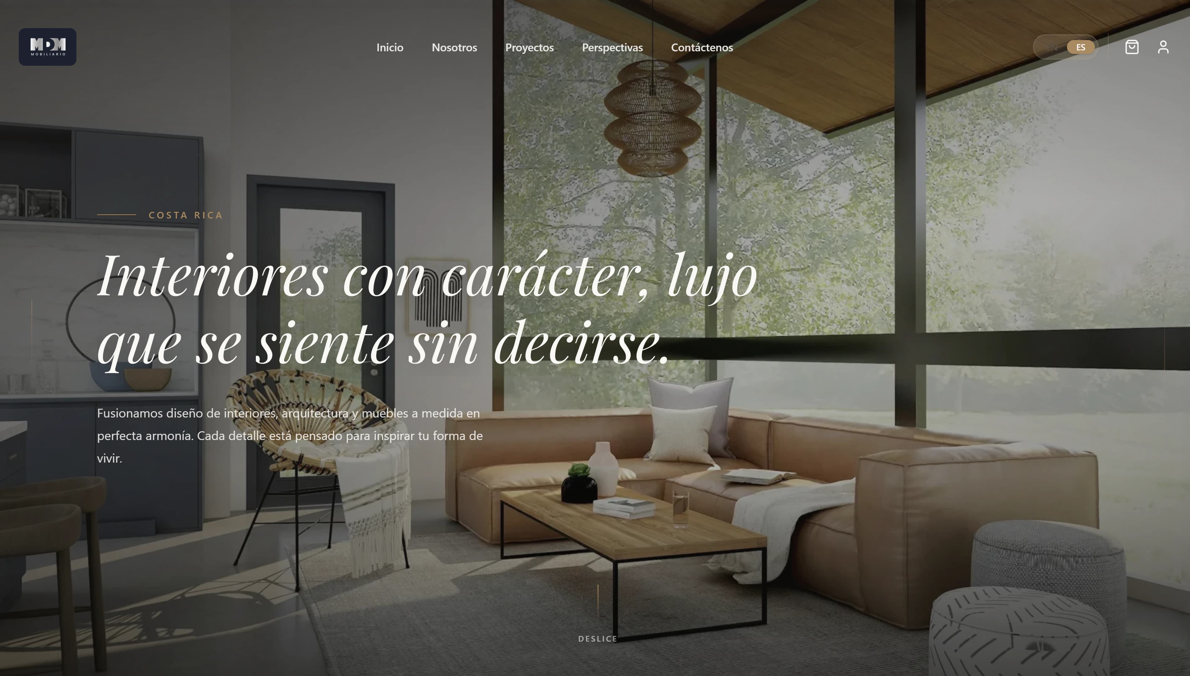 MDM Muebles de lujo website homepage showing a warm, custom-designed living room